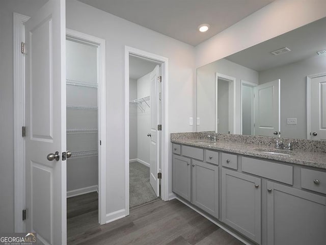 250 Shawnee Trl, Dallas, GA 30157 - bathroom featuring wood finished floors, double vanity, a spacious closet, and recessed lighting