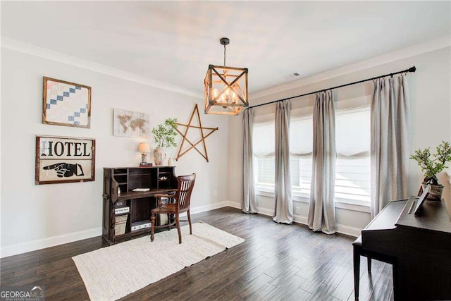 164 Inwood Walk, Woodstock, GA 30188 - office area with a chandelier, baseboards, dark wood-type flooring, and crown molding