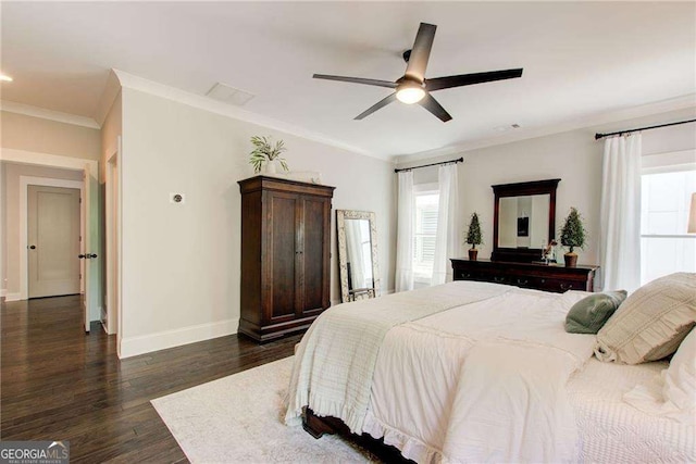 164 Inwood Walk, Woodstock, GA 30188 - bedroom featuring baseboards, crown molding, dark wood-style floors, and a ceiling fan