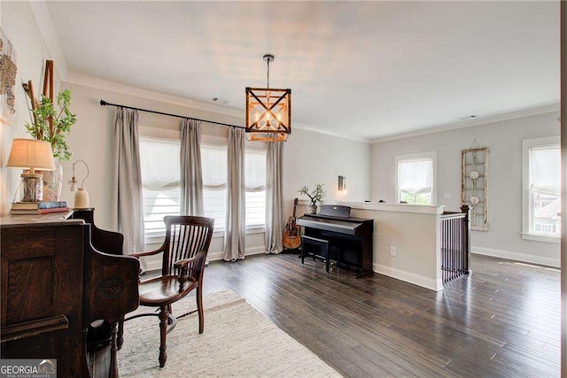 164 Inwood Walk, Woodstock, GA 30188 - office featuring a chandelier, healthy amount of natural light, ornamental molding, dark wood-style floors, and baseboards