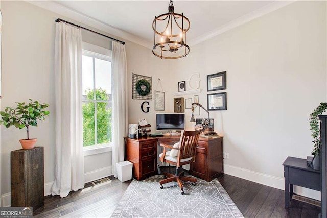 164 Inwood Walk, Woodstock, GA 30188 - home office with healthy amount of natural light, a chandelier, baseboards, and wood finished floors