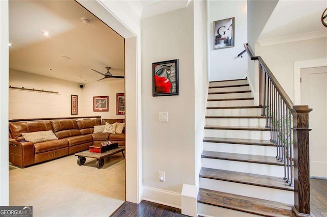 164 Inwood Walk, Woodstock, GA 30188 - stairs featuring wood finished floors, a ceiling fan, and baseboards