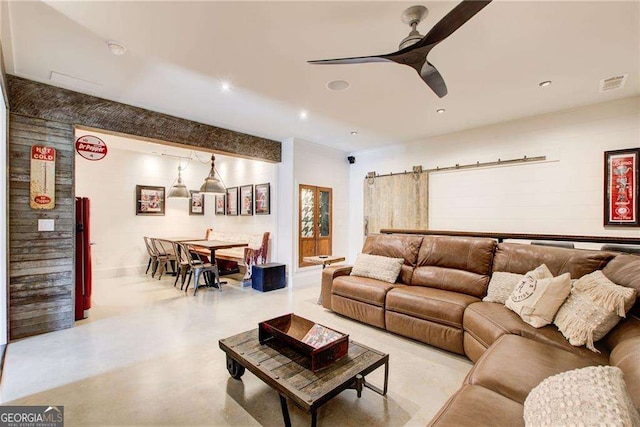 164 Inwood Walk, Woodstock, GA 30188 - living area featuring ceiling fan, finished concrete floors, and recessed lighting