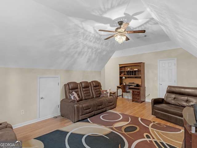 355 Parker Rd, Covington, GA 30014 - living room featuring light wood-style floors, lofted ceiling, a ceiling fan, and an office area