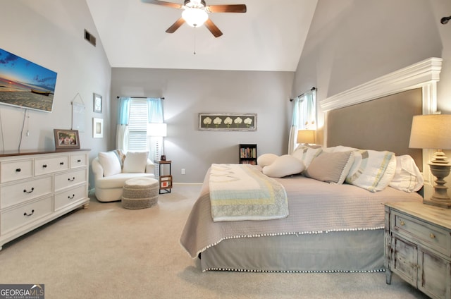 149 Horizon Hl, Newnan, GA 30265 - carpeted bedroom with multiple windows, high vaulted ceiling, baseboards, and ceiling fan