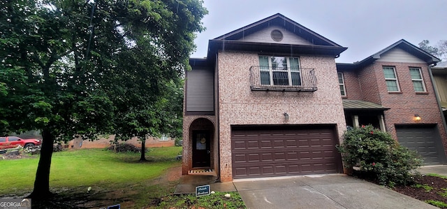 5719 Singlebriar Ct, Norcross, GA 30093 - view of front of house with brick siding, concrete driveway, a front lawn, a garage, and a balcony