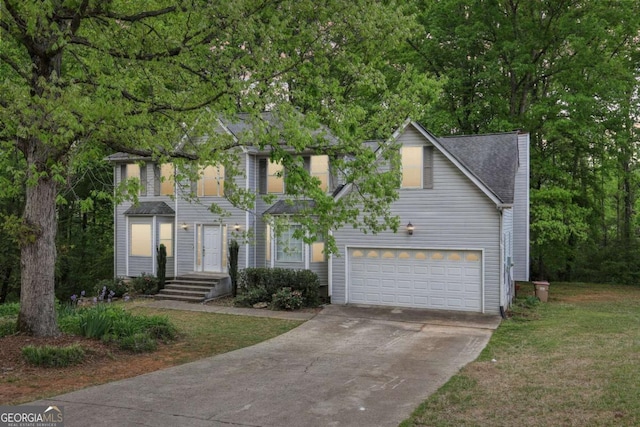 6230 Lillie Ln, Cumming, GA 30040 - view of front facade with driveway, an attached garage, a front yard, and a chimney