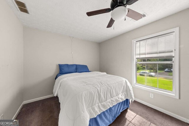 135 Dunwick Ln, Mcdonough, GA 30253 - bedroom featuring baseboards, carpet, a textured ceiling, and ceiling fan