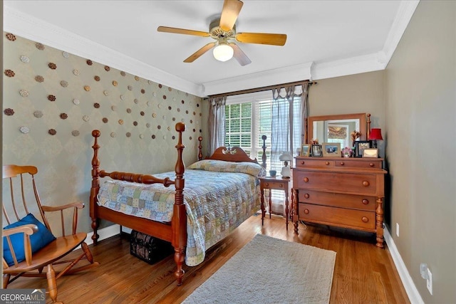 11 Crossbridge Ct, Cartersville, GA 30120 - bedroom featuring crown molding, wood finished floors, baseboards, wallpapered walls, and a ceiling fan