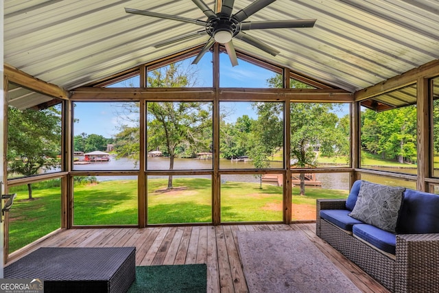 113 Fletcher Rd, Eatonton, GA 31024 - sunroom / solarium featuring a water view, a ceiling fan, lofted ceiling, and view of wooded area