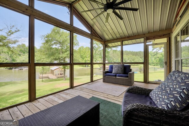 113 Fletcher Rd, Eatonton, GA 31024 - sunroom / solarium featuring a ceiling fan, a water view, healthy amount of natural light, and vaulted ceiling