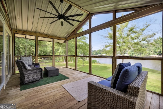 113 Fletcher Rd, Eatonton, GA 31024 - sunroom with ceiling fan, a water view, vaulted ceiling, and outdoor lounge area