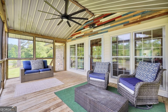 113 Fletcher Rd, Eatonton, GA 31024 - sunroom / solarium with a ceiling fan, lofted ceiling, plenty of natural light, and an outdoor living space