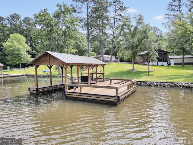 113 Fletcher Rd, Eatonton, GA 31024 - dock area with a water view, a yard, boat lift, and view of wooded area
