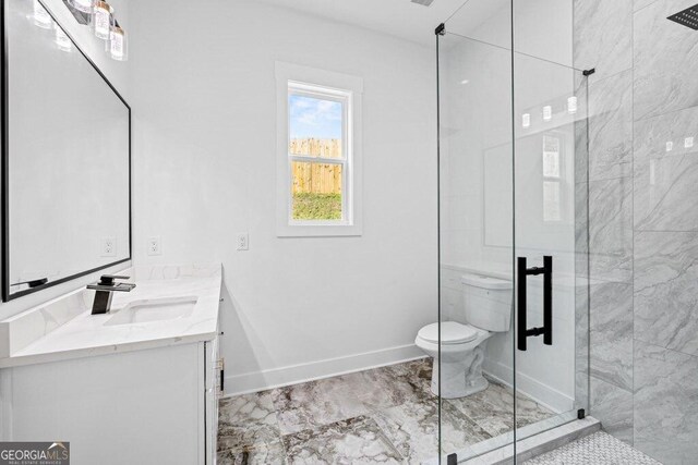 1387 Mineral Springs Rd, Hoschton, GA 30548 - full bath with vanity, a shower stall, toilet, marble finish flooring, and baseboards