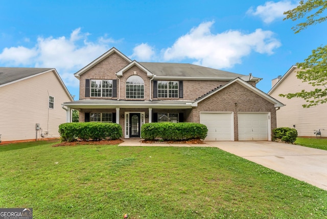 907 Brisley Cir, Hampton, GA 30228 - traditional home with brick siding, an attached garage, driveway, a front lawn, and covered porch