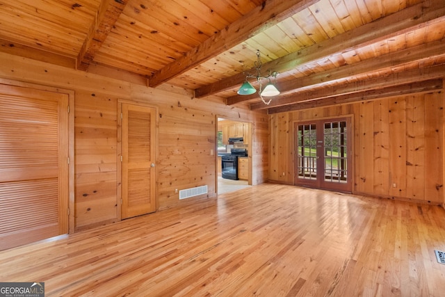 966 Wahoo Creek Rd, Murrayville, GA 30564 - unfurnished living room featuring light wood-style flooring, wood walls, and a wood ceiling with exposed beams