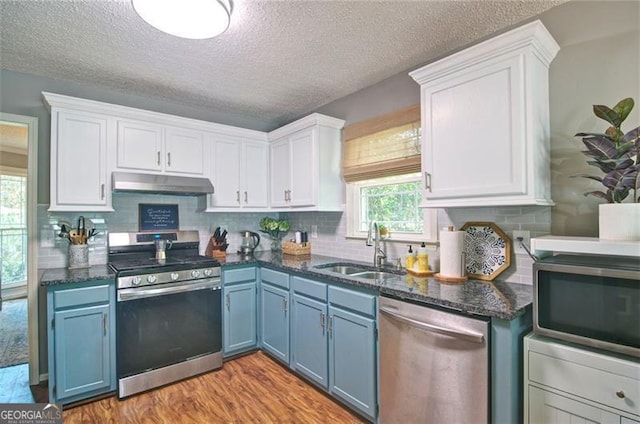 368 Lambeth Dr, Hiram, GA 30141 - kitchen featuring stainless steel appliances, blue cabinetry, under cabinet range hood, a sink, and white cabinets