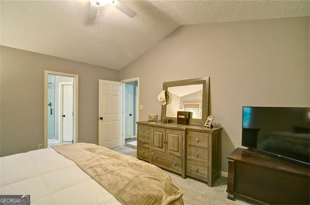 368 Lambeth Dr, Hiram, GA 30141 - bedroom featuring light carpet, a textured ceiling, lofted ceiling, and ceiling fan