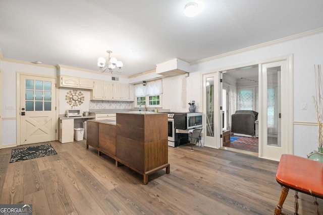 286 Hilton Way, Canton, GA 30114 - kitchen featuring ornamental molding, a chandelier, wood finished floors, a center island, and stainless steel microwave