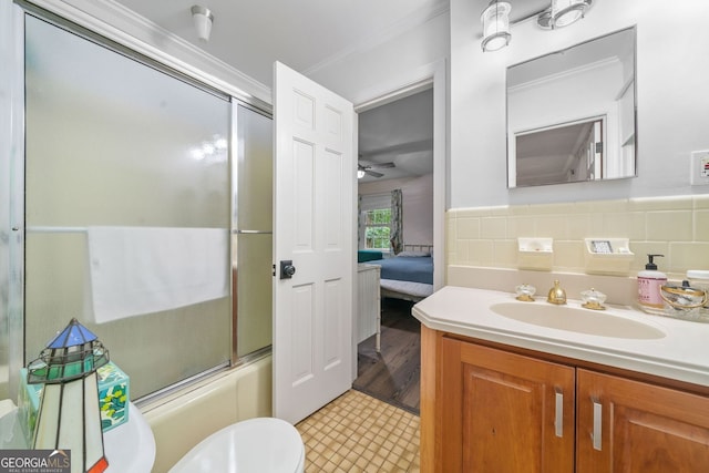 286 Hilton Way, Canton, GA 30114 - full bath with vanity, connected bathroom, enclosed tub / shower combo, ornamental molding, and ceiling fan