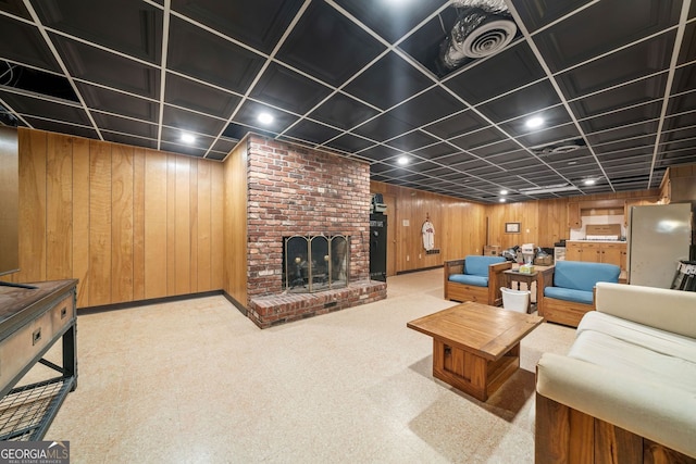 286 Hilton Way, Canton, GA 30114 - living room featuring a brick fireplace and wooden walls