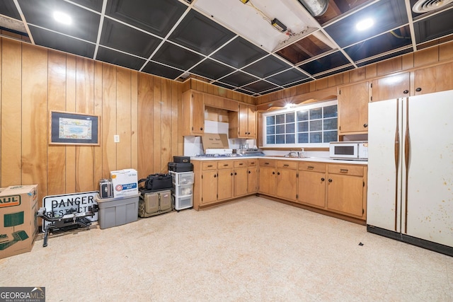 286 Hilton Way, Canton, GA 30114 - kitchen with white appliances, wood walls, light countertops, and coffered ceiling
