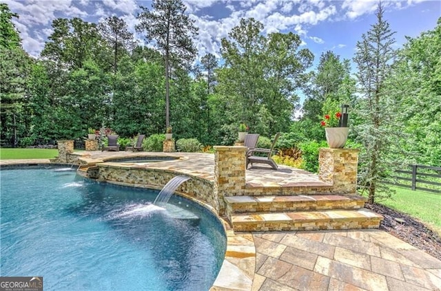 126 Townsend Pass, Alpharetta, GA 30004 - swimming pool featuring a patio, an in-ground hot tub, and view of scattered trees