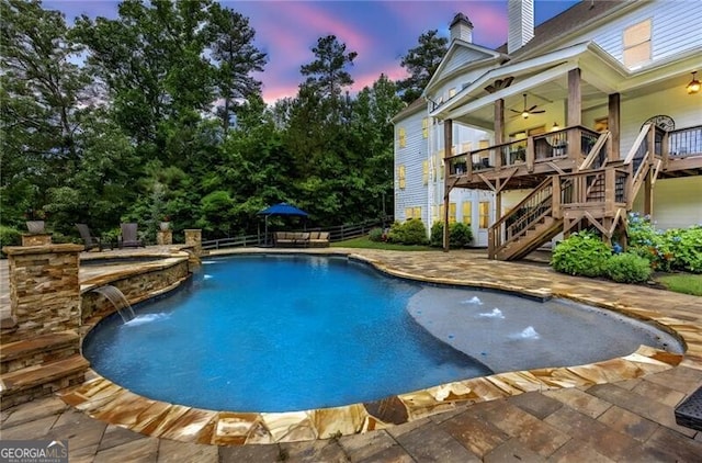 126 Townsend Pass, Alpharetta, GA 30004 - view of pool featuring ceiling fan, stairway, a patio, and a pool with connected hot tub