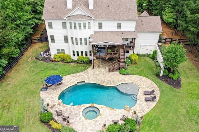 126 Townsend Pass, Alpharetta, GA 30004 - rear view of house featuring an in-ground hot tub, a wooden deck, a patio, stairs, and a fenced backyard