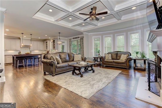 126 Townsend Pass, Alpharetta, GA 30004 - living area with beam ceiling, dark wood-style flooring, ornamental molding, a ceiling fan, and coffered ceiling