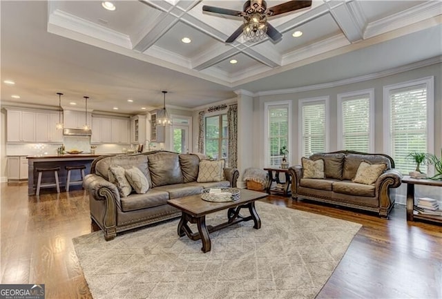 126 Townsend Pass, Alpharetta, GA 30004 - living room with ornamental molding, coffered ceiling, a ceiling fan, beam ceiling, and wood finished floors