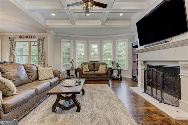 126 Townsend Pass, Alpharetta, GA 30004 - living room with healthy amount of natural light, ornamental molding, a fireplace with raised hearth, wood finished floors, and ceiling fan