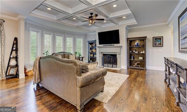 126 Townsend Pass, Alpharetta, GA 30004 - living area with a ceiling fan, a fireplace, dark wood-style floors, beamed ceiling, and crown molding
