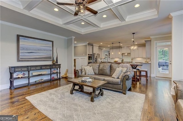 126 Townsend Pass, Alpharetta, GA 30004 - living room featuring ceiling fan, crown molding, wood finished floors, recessed lighting, and beamed ceiling