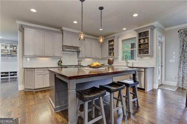 126 Townsend Pass, Alpharetta, GA 30004 - kitchen featuring butcher block counters, dishwasher, under cabinet range hood, gray cabinets, and dark wood-type flooring