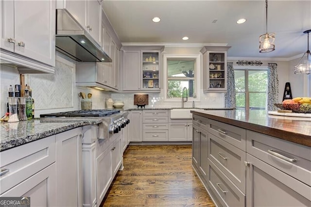 126 Townsend Pass, Alpharetta, GA 30004 - kitchen with extractor fan, crown molding, light stone countertops, glass insert cabinets, and dark wood-style floors