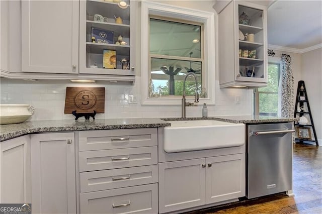 126 Townsend Pass, Alpharetta, GA 30004 - kitchen with dishwasher, ornamental molding, tasteful backsplash, stone counters, and dark wood-style flooring