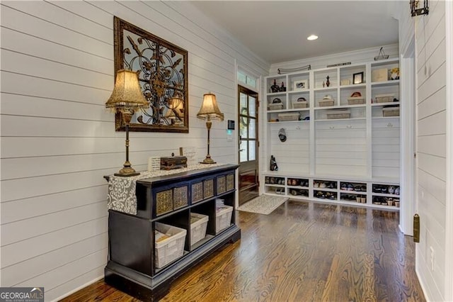 126 Townsend Pass, Alpharetta, GA 30004 - mudroom with wood finished floors, wooden walls, ornamental molding, and recessed lighting