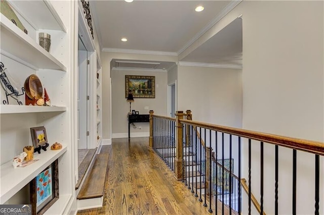 126 Townsend Pass, Alpharetta, GA 30004 - hallway with an upstairs landing, wood finished floors, crown molding, and recessed lighting