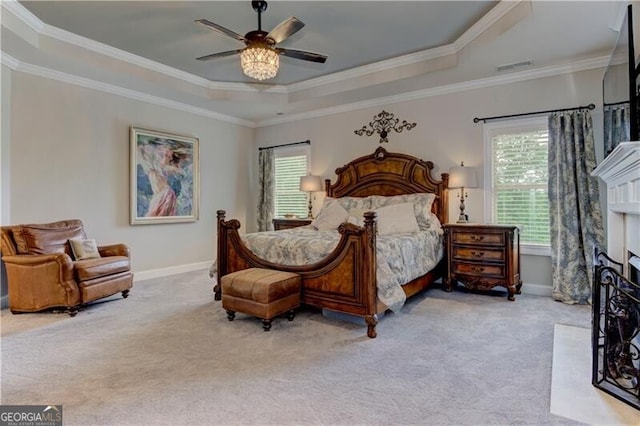 126 Townsend Pass, Alpharetta, GA 30004 - bedroom with a raised ceiling, carpet, ornamental molding, and ceiling fan