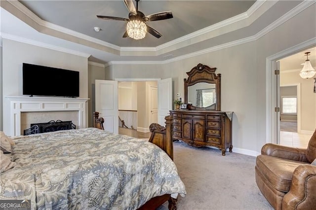 126 Townsend Pass, Alpharetta, GA 30004 - carpeted bedroom featuring a raised ceiling, ornamental molding, and a ceiling fan