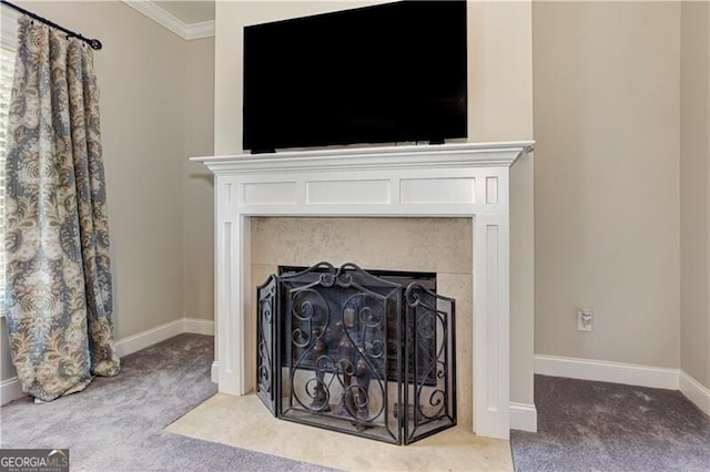 126 Townsend Pass, Alpharetta, GA 30004 - detailed view of carpet, a fireplace with flush hearth, and crown molding