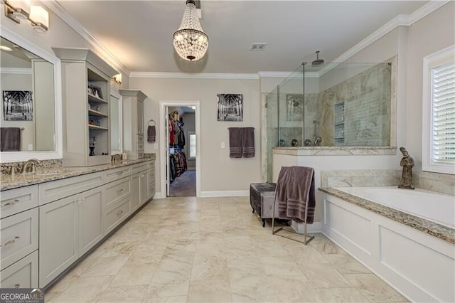 126 Townsend Pass, Alpharetta, GA 30004 - full bathroom with a shower stall, ornamental molding, a bath, vanity, and a walk in closet