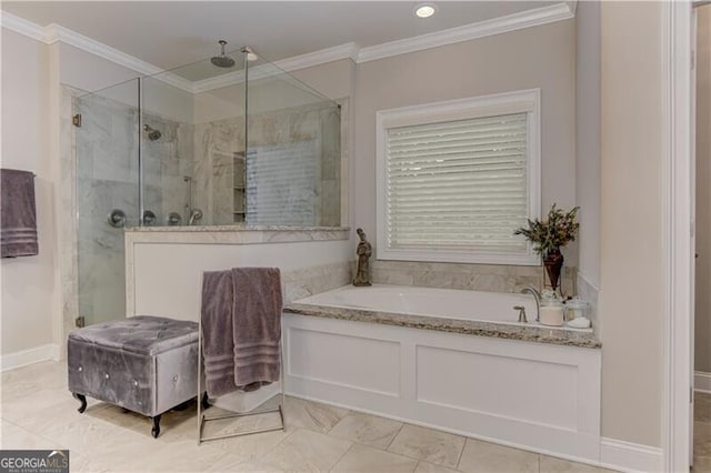 126 Townsend Pass, Alpharetta, GA 30004 - full bathroom with a shower stall, a bath, and crown molding
