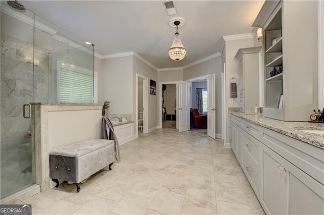 126 Townsend Pass, Alpharetta, GA 30004 - full bathroom with a shower stall, crown molding, vanity, a bath, and marble finish flooring