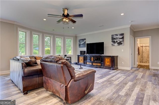 126 Townsend Pass, Alpharetta, GA 30004 - living area with a ceiling fan, light wood-style floors, ornamental molding, and recessed lighting
