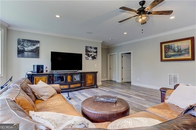 126 Townsend Pass, Alpharetta, GA 30004 - living room with crown molding, light wood-style flooring, a ceiling fan, and recessed lighting