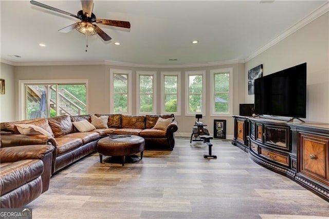 126 Townsend Pass, Alpharetta, GA 30004 - living area featuring light wood-type flooring, a ceiling fan, recessed lighting, and crown molding