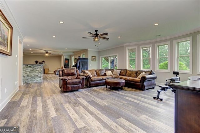 126 Townsend Pass, Alpharetta, GA 30004 - living area featuring a ceiling fan, light wood-style flooring, recessed lighting, and crown molding